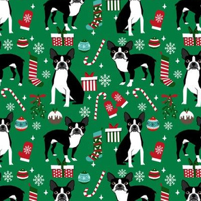 Boston Terrier christmas holiday presents candy canes winter snowflakes dog fabric green