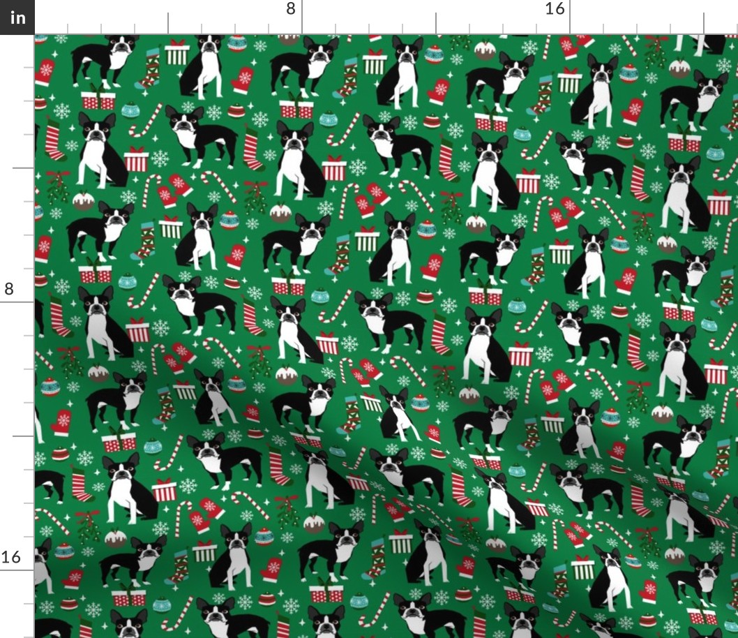 Boston Terrier christmas holiday presents candy canes winter snowflakes dog fabric green