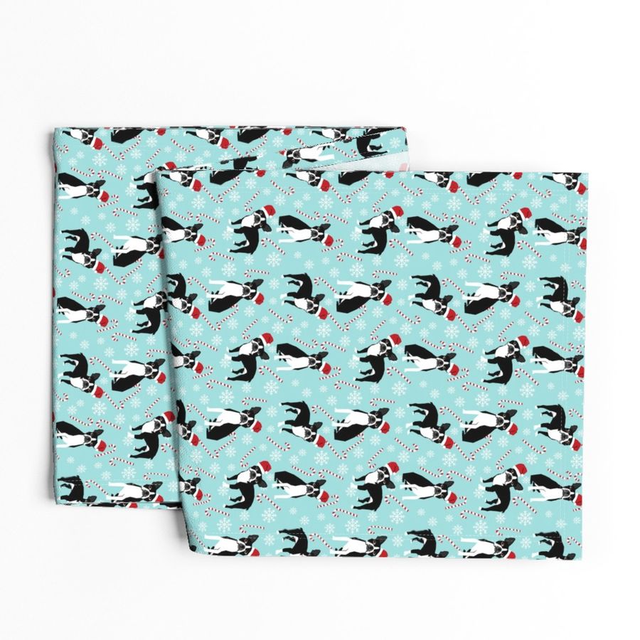 Boston Terrier peppermint stick candy canes winter snowflakes dog fabric light blue