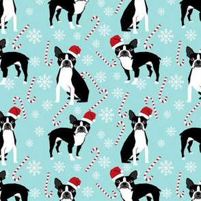 Boston Terrier peppermint stick candy canes winter snowflakes dog fabric light blue