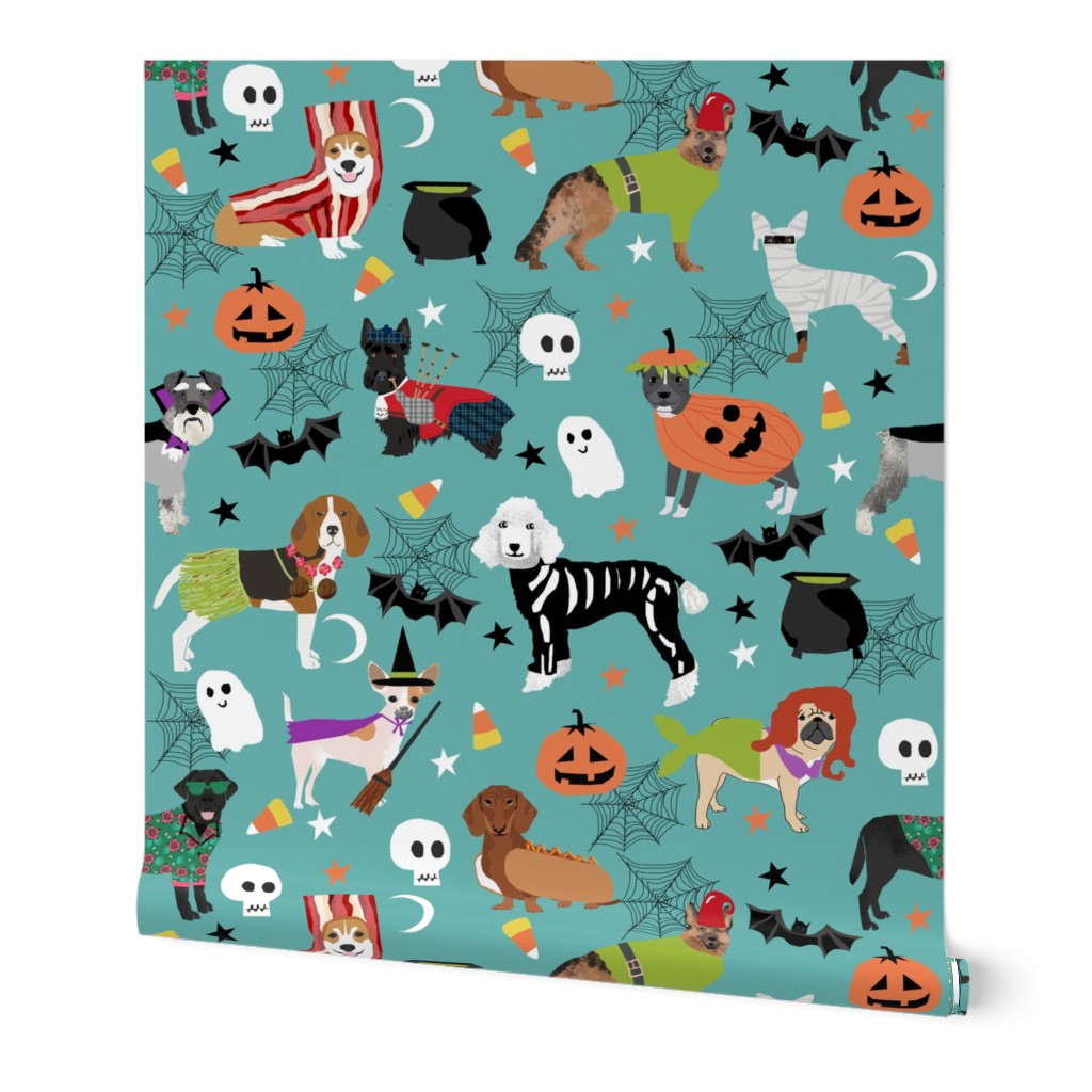 dogs in halloween costumes - dog breeds dressed up fabric - turquoise