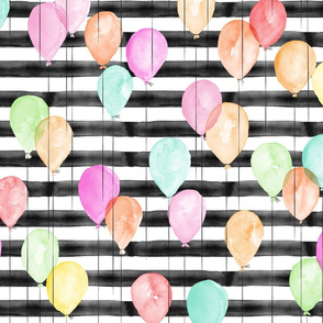 multi balloons on black stripes - watercolor birthday fabric