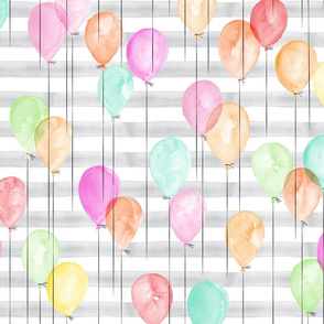multi balloons on grey stripes - watercolor birthday fabric