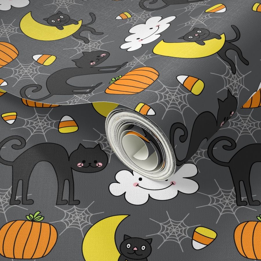 doodle cats on dark grey :: halloween Wallpaper | Spoonflower