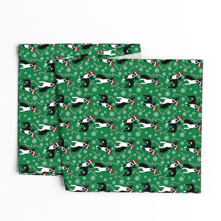 Boston Terrier peppermint stick candy canes winter snowflakes dog fabric green