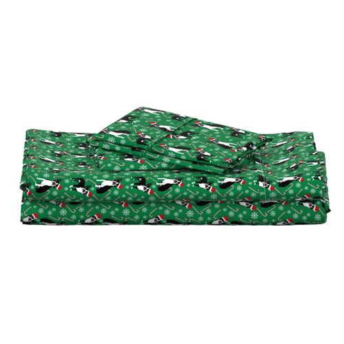 Boston Terrier peppermint stick candy canes winter snowflakes dog fabric green