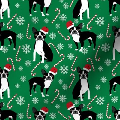 Boston Terrier peppermint stick candy canes winter snowflakes dog fabric green