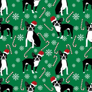 Boston Terrier peppermint stick candy canes winter snowflakes dog fabric green