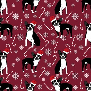 Boston Terrier peppermint stick candy canes winter snowflakes dog fabric ruby