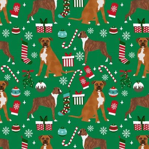 Boxer christmas holiday presents candy canes winter snowflakes dog fabric green