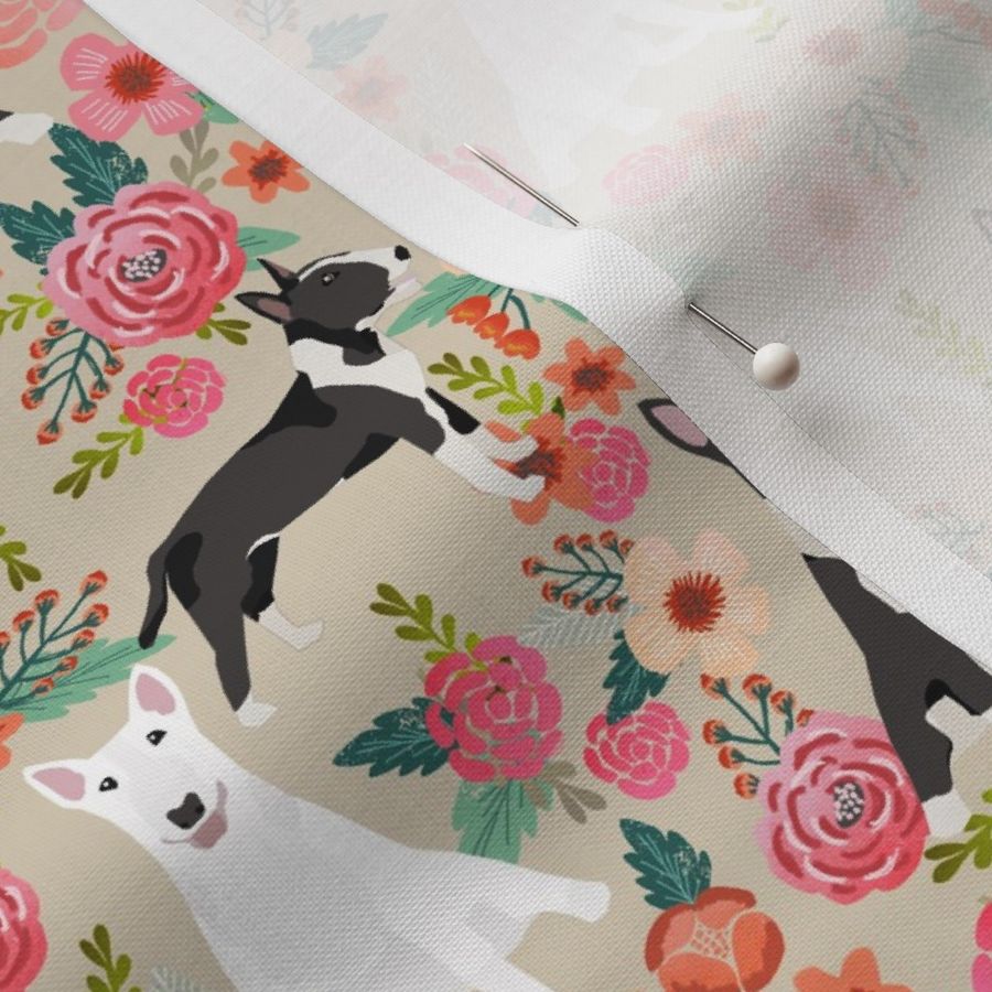 Bull Terrier black and white floral dog fabric florals cream