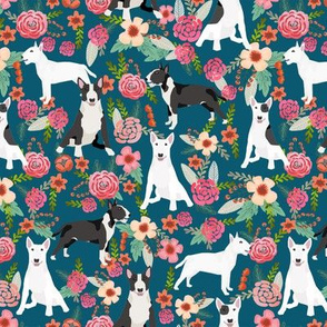 Bull Terrier black and white floral dog fabric florals dark blue