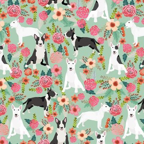 Bull Terrier black and white floral dog fabric florals mint