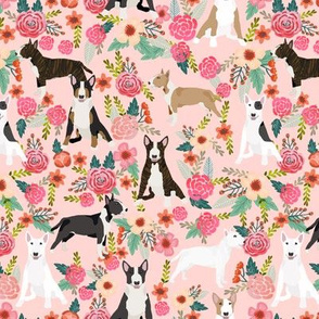 Bull Terrier black and white floral dog fabric florals pink