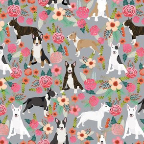 Bull Terrier black and white floral dog fabric florals grey