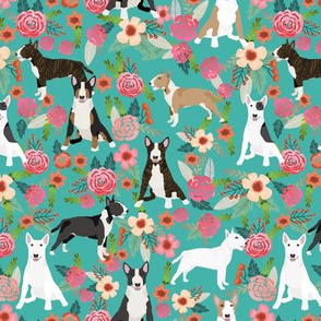 Bull Terrier black and white floral dog fabric florals turquoise