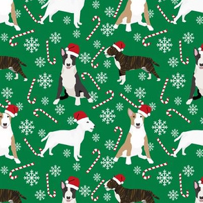 Bull Terrier peppermint stick candy canes winter snowflakes dog fabric green