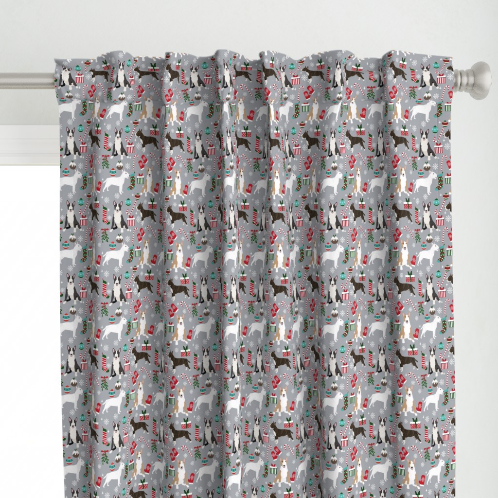 Bull Terrier christmas holiday presents candy canes winter snowflakes dog fabric grey