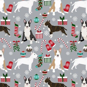 Bull Terrier christmas holiday presents candy canes winter snowflakes dog fabric grey