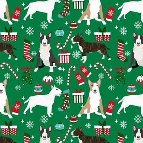 Bull Terrier christmas holiday presents candy canes winter snowflakes dog fabric green
