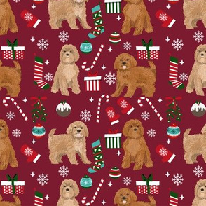 Cavoodle christmas holiday presents candy canes winter snowflakes dog fabric ruby