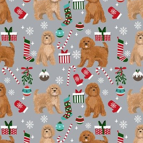 Cavoodle christmas holiday presents candy canes winter snowflakes dog fabric grey