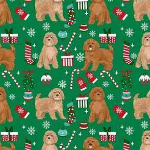 Cavoodle christmas holiday presents candy canes winter snowflakes dog fabric green