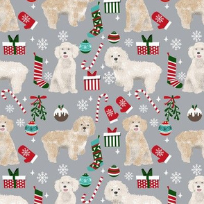 Cockapoo christmas holiday presents candy canes winter snowflakes dog fabric grey