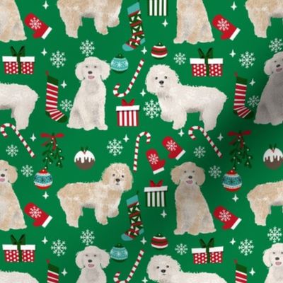 Cockapoo christmas holiday presents candy canes winter snowflakes dog fabric green