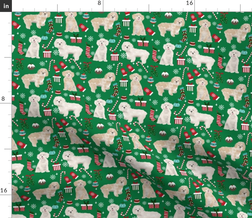 Cockapoo christmas holiday presents candy canes winter snowflakes dog fabric green