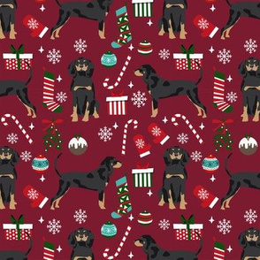 Coonhound christmas holiday presents candy canes winter snowflakes dog fabric ruby
