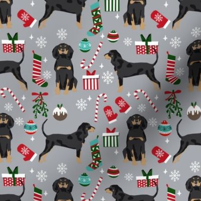 Coonhound christmas holiday presents candy canes winter snowflakes dog fabric grey