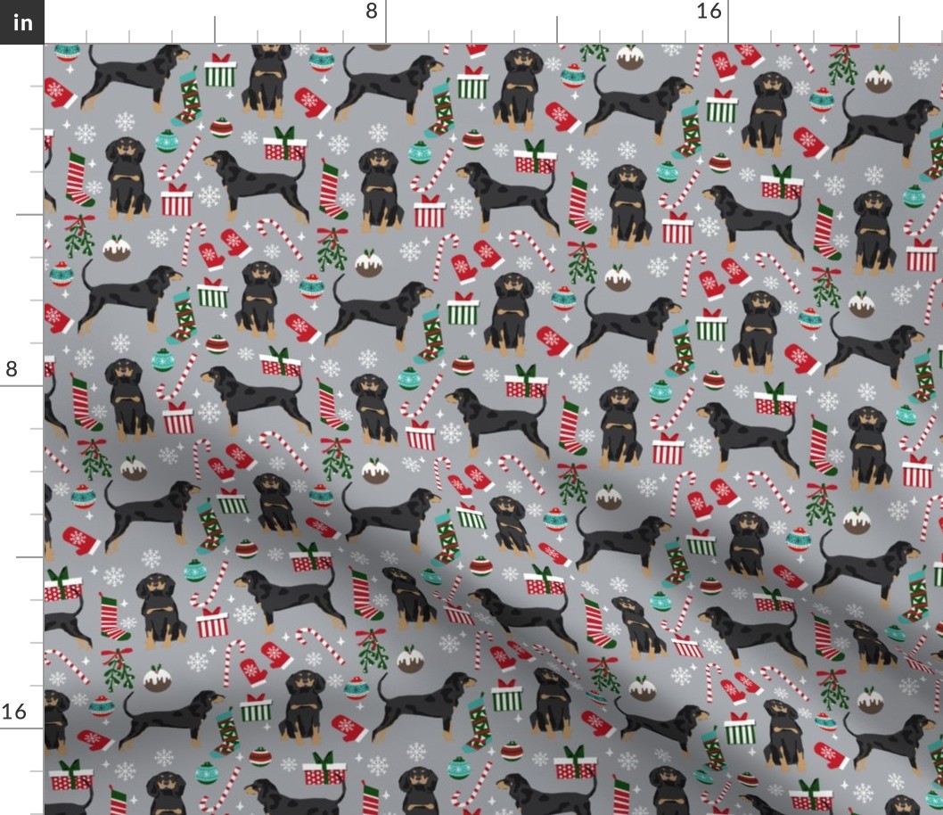 Coonhound christmas holiday presents candy canes winter snowflakes dog fabric grey