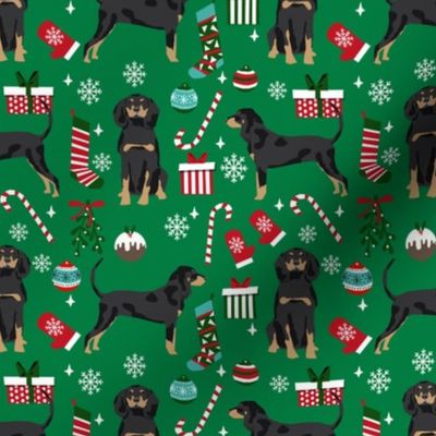 Coonhound christmas holiday presents candy canes winter snowflakes dog fabric green