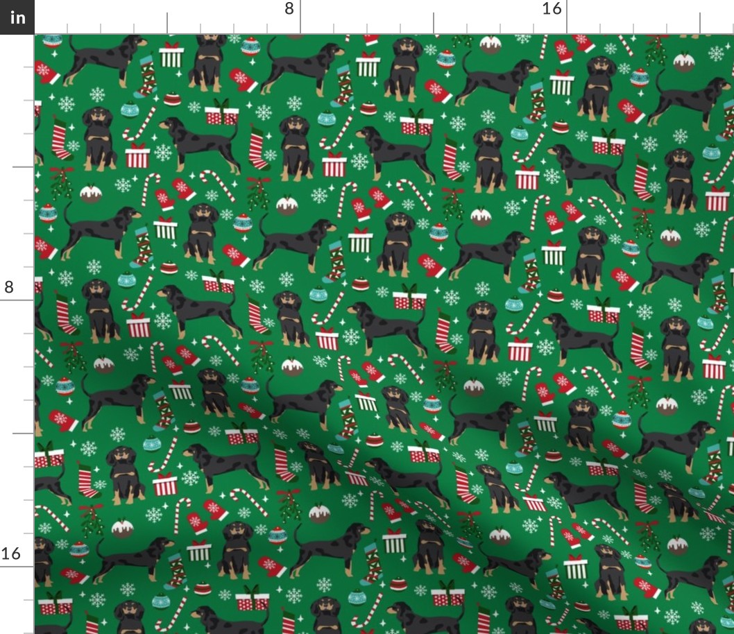 Coonhound christmas holiday presents candy canes winter snowflakes dog fabric green