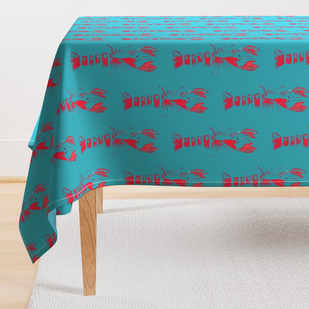 lobster wood block print - red and teal