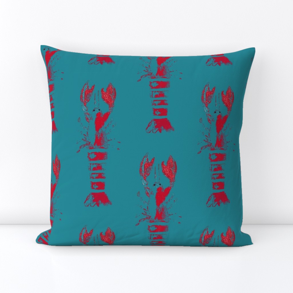 lobster wood block print - red and teal