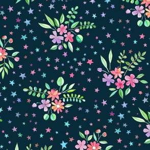 Watercolor Floral with Stars on Dark