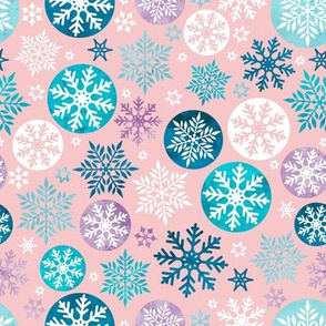 Magical snowflakes 3 // pink background turquoise ice marine blue lavander white snowflakes