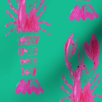 Lobster Wood Block Print - Green & Pink