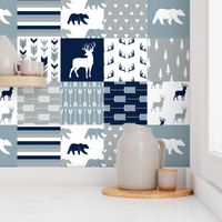 woodland patchwork (navy, rustic woods blue, grey) buck and bear 