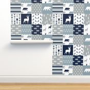 woodland patchwork (navy, rustic woods blue, grey) buck and bear 