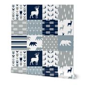 woodland patchwork (navy, rustic woods blue, grey) buck and bear 