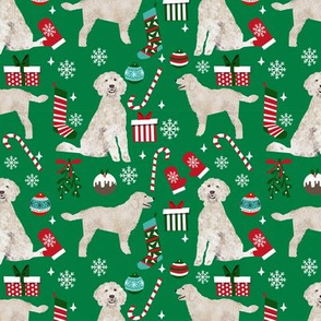 Golden Doodle christmas fabric dog breeds candy canes xmas presents green