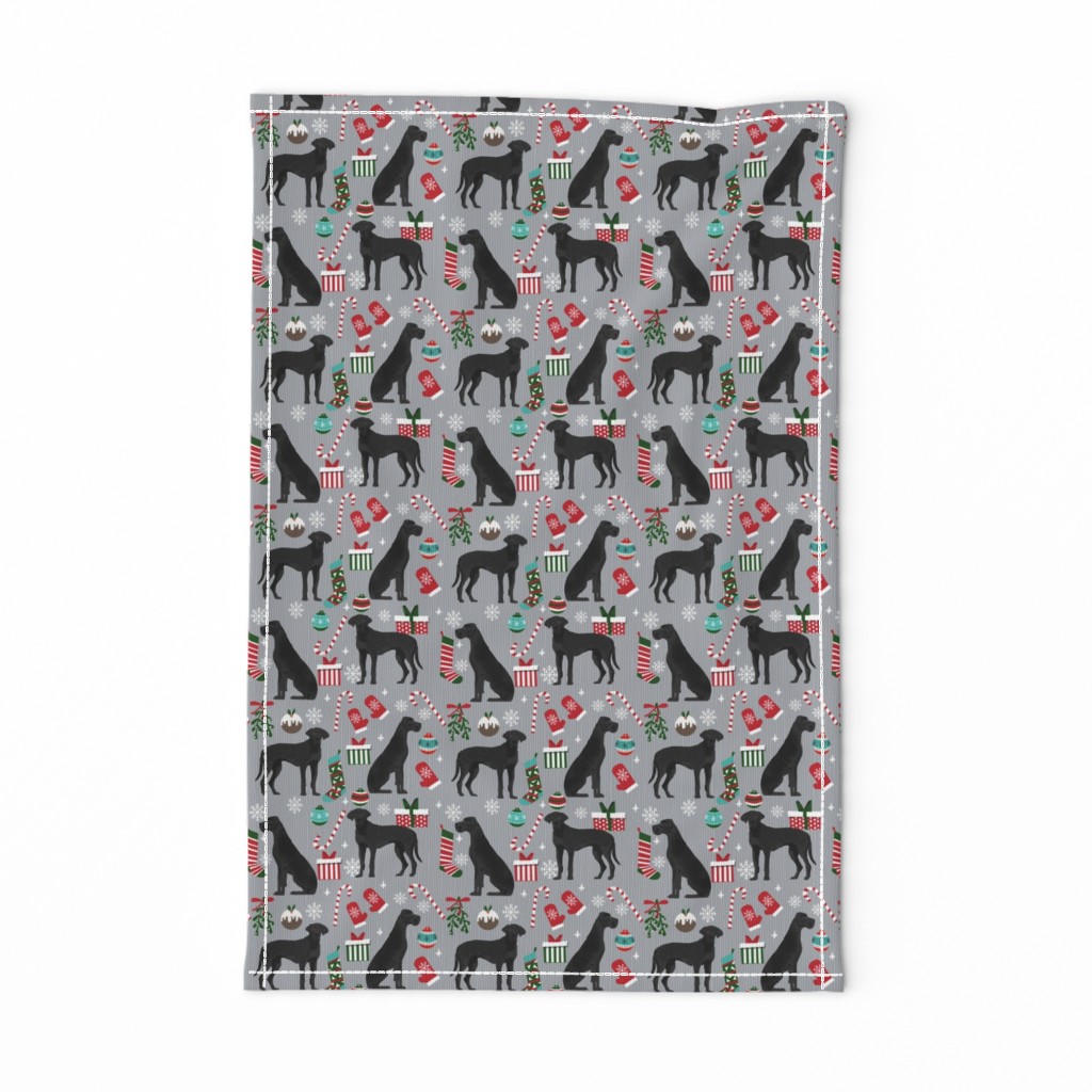 Great Dane black coat christmas presents stockings candy canes winter dog fabric grey