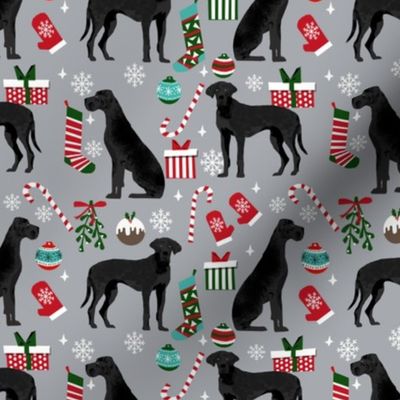 Great Dane black coat christmas presents stockings candy canes winter dog fabric grey