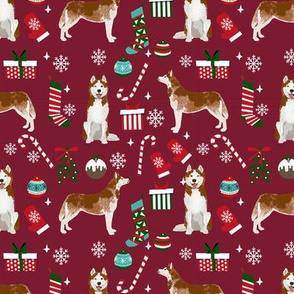 Husky red coat christmas presents candy canes stockings holiday dog fabric ruby