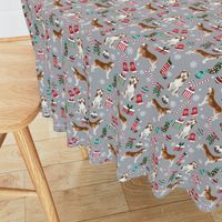 Husky red coat christmas presents candy canes stockings holiday dog fabric grey