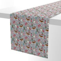 Husky red coat christmas presents candy canes stockings holiday dog fabric grey