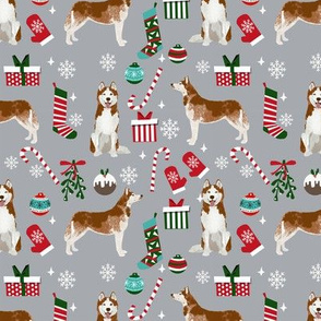 Husky red coat christmas presents candy canes stockings holiday dog fabric grey